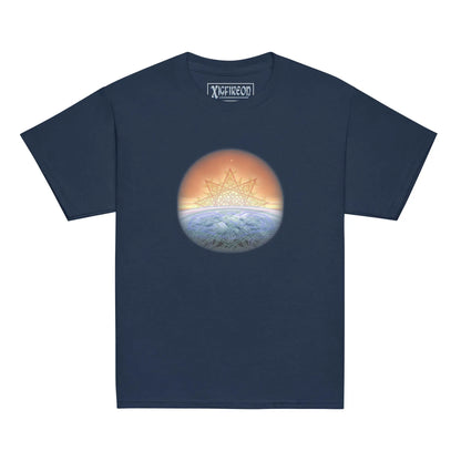A navy blue Xigfireon kids graphic t-shirt featuring the Derivation II Celtic knot merger design symbolizing the Sun and the Earth in their cosmic dance.