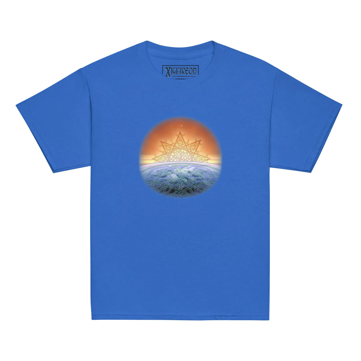 A royal blue Xigfireon kids graphic t-shirt featuring the Derivation II Celtic knot merger design symbolizing the Sun and the Earth in their cosmic dance.