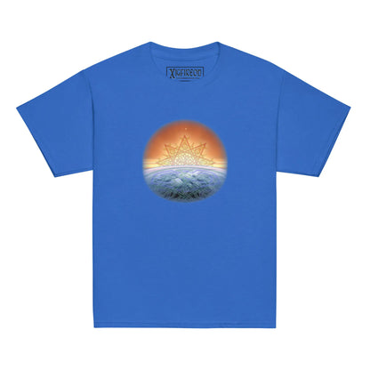 A royal blue Xigfireon kids graphic t-shirt featuring the Derivation II Celtic knot merger design symbolizing the Sun and the Earth in their cosmic dance.