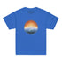 A royal blue Xigfireon kids graphic t-shirt featuring the Derivation II Celtic knot merger design symbolizing the Sun and the Earth in their cosmic dance.
