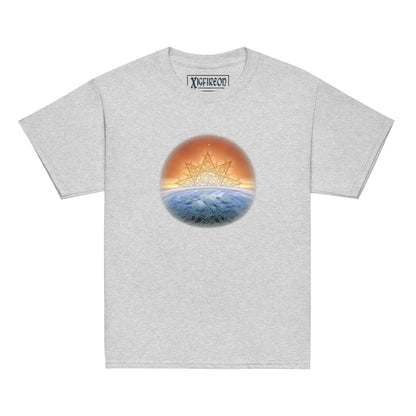 A sport grey Xigfireon kids graphic t-shirt featuring the Derivation II Celtic knot merger design symbolizing the Sun and the Earth in their cosmic dance.