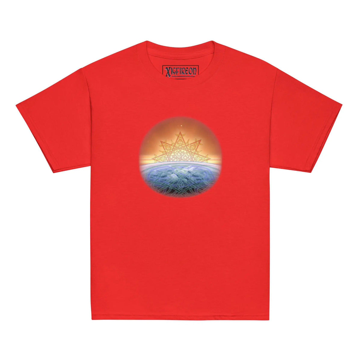 A red Xigfireon kids graphic t-shirt featuring the Derivation II Celtic knot merger design symbolizing the Sun and the Earth in their cosmic dance.