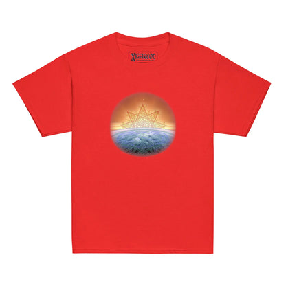 A red Xigfireon kids graphic t-shirt featuring the Derivation II Celtic knot merger design symbolizing the Sun and the Earth in their cosmic dance.