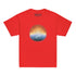 A red Xigfireon kids graphic t-shirt featuring the Derivation II Celtic knot merger design symbolizing the Sun and the Earth in their cosmic dance.