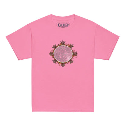 An azalea pink Xigfireon kids graphic t-shirt featuring the Eclipsed iteration of the Morning Star Fire Celtic knot design. The Morning Star Fire Celtic knot represents the sun.