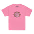 An azalea pink Xigfireon kids graphic t-shirt featuring the Eclipsed iteration of the Morning Star Fire Celtic knot design. The Morning Star Fire Celtic knot represents the sun.