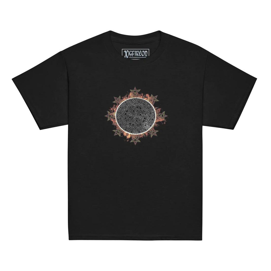 A black Xigfireon kids graphic t-shirt featuring the Eclipsed iteration of the Morning Star Fire Celtic knot design. The Morning Star Fire Celtic knot symbolizes Father Sun and the eternal Cosmic Light.
