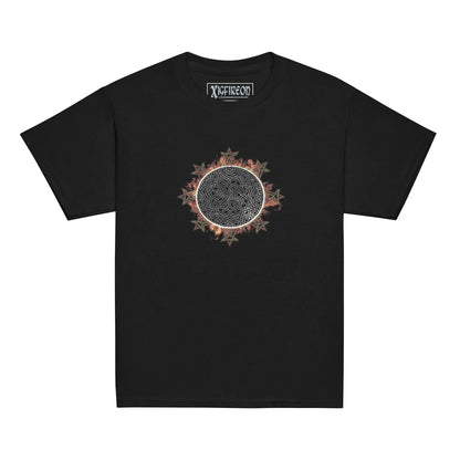 A black Xigfireon kids graphic t-shirt featuring the Eclipsed iteration of the Morning Star Fire Celtic knot design. The Morning Star Fire Celtic knot symbolizes Father Sun and the eternal Cosmic Light.