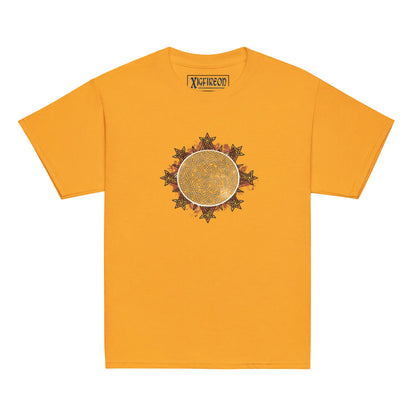 A gold Xigfireon kids graphic t-shirt featuring the Eclipsed iteration of the Morning Star Fire Celtic knot design. The Morning Star Fire Celtic knot represents the sun.