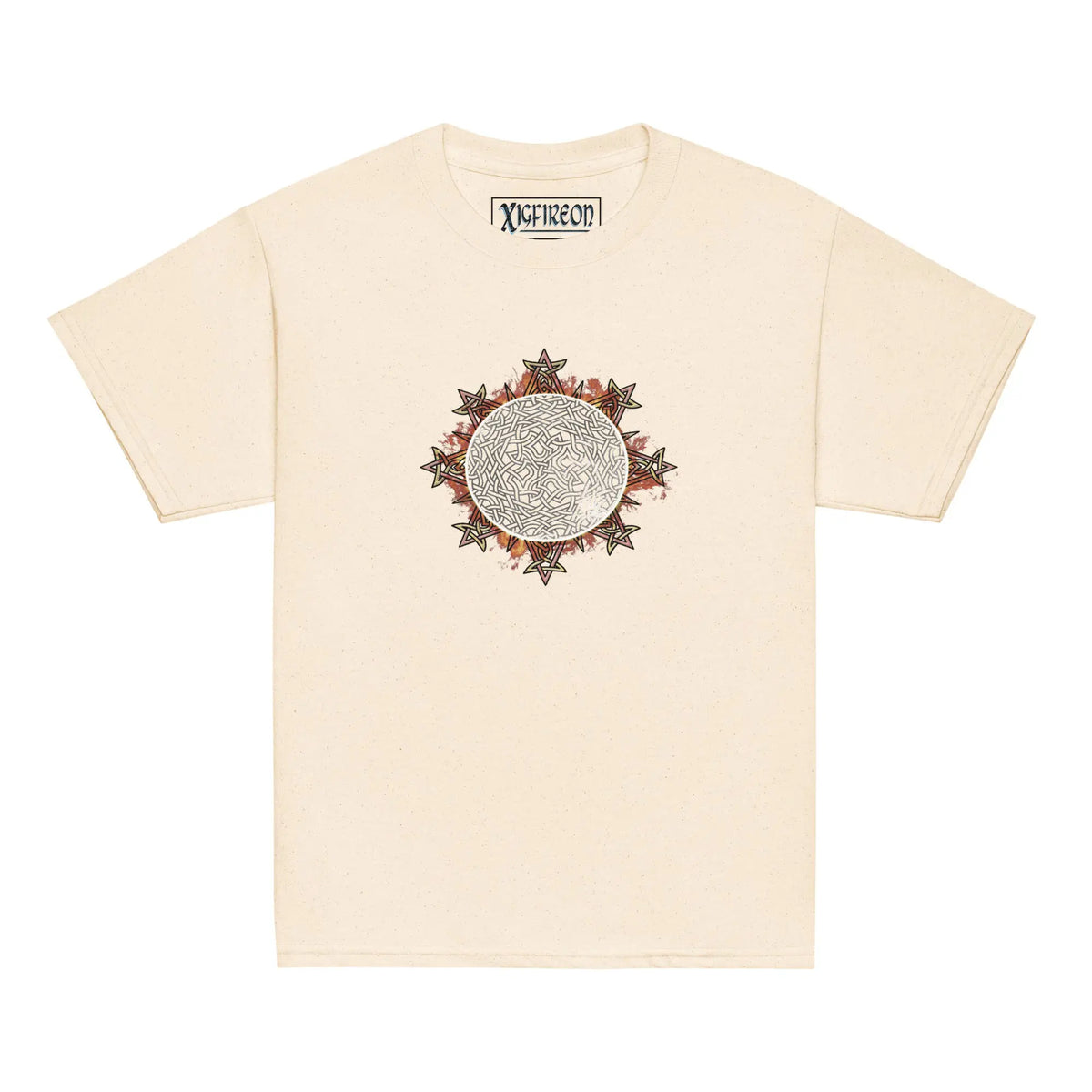 A natural Xigfireon kids graphic t-shirt featuring the Eclipsed iteration of the Morning Star Fire Celtic knot design. The Morning Star Fire Celtic knot represents the sun.