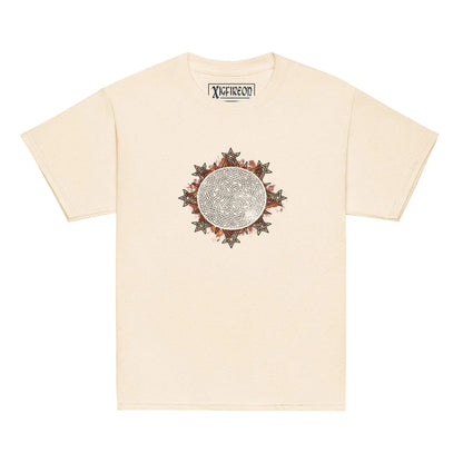 A natural Xigfireon kids graphic t-shirt featuring the Eclipsed iteration of the Morning Star Fire Celtic knot design. The Morning Star Fire Celtic knot represents the sun.