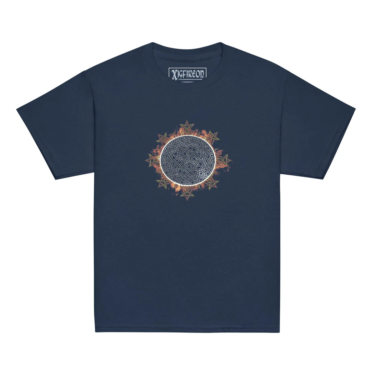 A navy blue Xigfireon kids graphic t-shirt featuring the Eclipsed iteration of the Morning Star Fire Celtic knot design. The Morning Star Fire Celtic knot represents the sun.