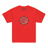 A red Xigfireon kids graphic t-shirt featuring the Eclipsed iteration of the `Morning Star Fire` Celtic knot design. The `Morning Star Fire` Celtic knot represents the sun.
