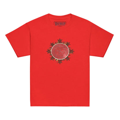 A red Xigfireon kids graphic t-shirt featuring the Eclipsed iteration of the Morning Star Fire Celtic knot design. The Morning Star Fire Celtic knot represents the sun.