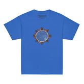 A royal blue Xigfireon kids graphic t-shirt featuring the Eclipsed iteration of the `Morning Star Fire` Celtic knot design. The `Morning Star Fire` Celtic knot represents the sun.