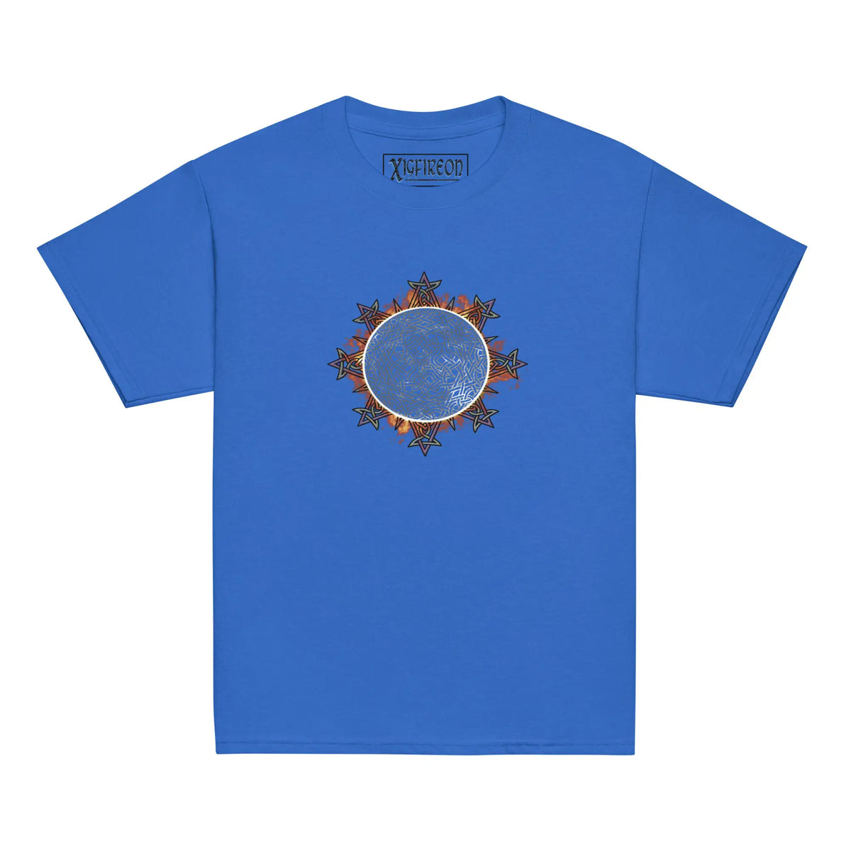 A royal blue Xigfireon kids graphic t-shirt featuring the Eclipsed iteration of the Morning Star Fire Celtic knot design. The Morning Star Fire Celtic knot represents the sun.