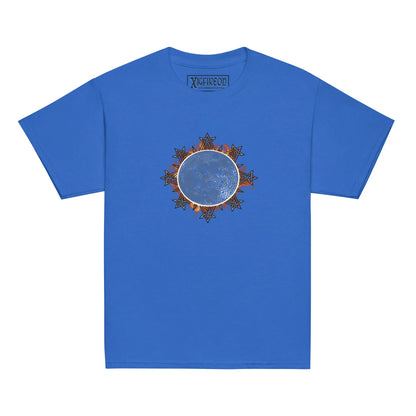 A royal blue Xigfireon kids graphic t-shirt featuring the Eclipsed iteration of the Morning Star Fire Celtic knot design. The Morning Star Fire Celtic knot represents the sun.