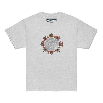 A sport grey Xigfireon kids graphic t-shirt featuring the Eclipsed iteration of the Morning Star Fire Celtic knot design. The Morning Star Fire Celtic knot represents the sun.