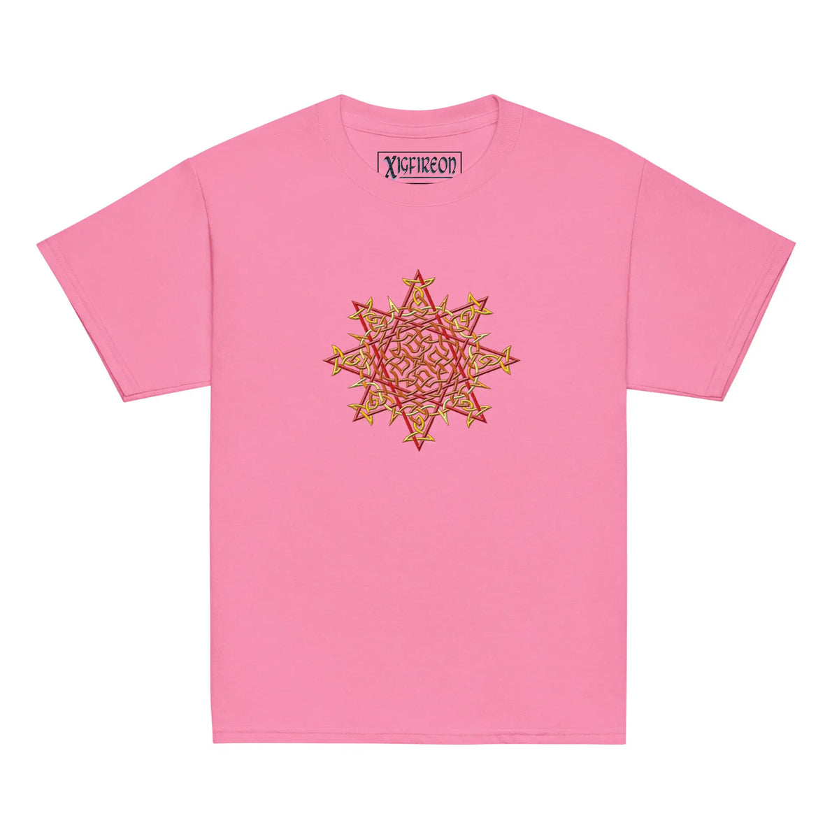 An azalea pink Xigfireon kids graphic t-shirt featuring the Fire Colour iteration of the Morning Star Fire Celtic knot design. The Morning Star Fire Celtic knot symbolizes Father Sun and the eternal Cosmic Light.