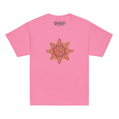 An azalea pink Xigfireon kids graphic t-shirt featuring the Fire Colour iteration of the Morning Star Fire Celtic knot design. The Morning Star Fire Celtic knot symbolizes Father Sun and the eternal Cosmic Light.