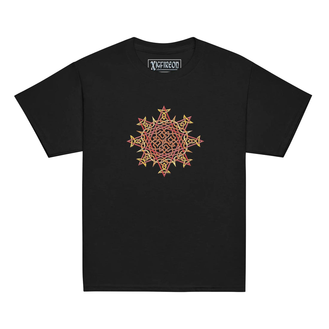 A black Xigfireon kids graphic t-shirt featuring the Fire Colour iteration of the Morning Star Fire Celtic knot design. The Morning Star Fire Celtic knot symbolizes Father Sun and the eternal Cosmic Light.