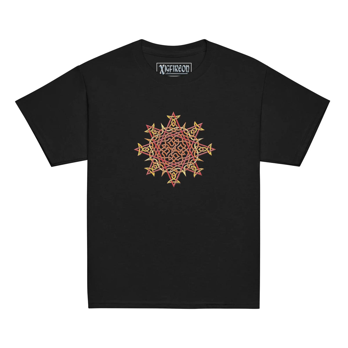 A black Xigfireon kids graphic t-shirt featuring the Fire Colour iteration of the Morning Star Fire Celtic knot design. The Morning Star Fire Celtic knot symbolizes Father Sun and the eternal Cosmic Light.