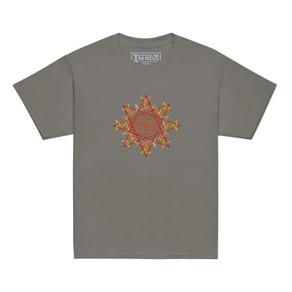 A charcoal grey Xigfireon kids graphic t-shirt featuring the Fire Colour iteration of the Morning Star Fire Celtic knot design. The Morning Star Fire Celtic knot symbolizes Father Sun and the eternal Cosmic Light.