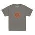A charcoal grey Xigfireon kids graphic t-shirt featuring the Fire Colour iteration of the Morning Star Fire Celtic knot design. The Morning Star Fire Celtic knot symbolizes Father Sun and the eternal Cosmic Light.