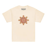 A natural Xigfireon kids graphic t-shirt featuring the Fire Colour iteration of the `Morning Star Fire` Celtic knot design. The `Morning Star Fire` Celtic knot symbolizes Father Sun and the eternal Cosmic Light.