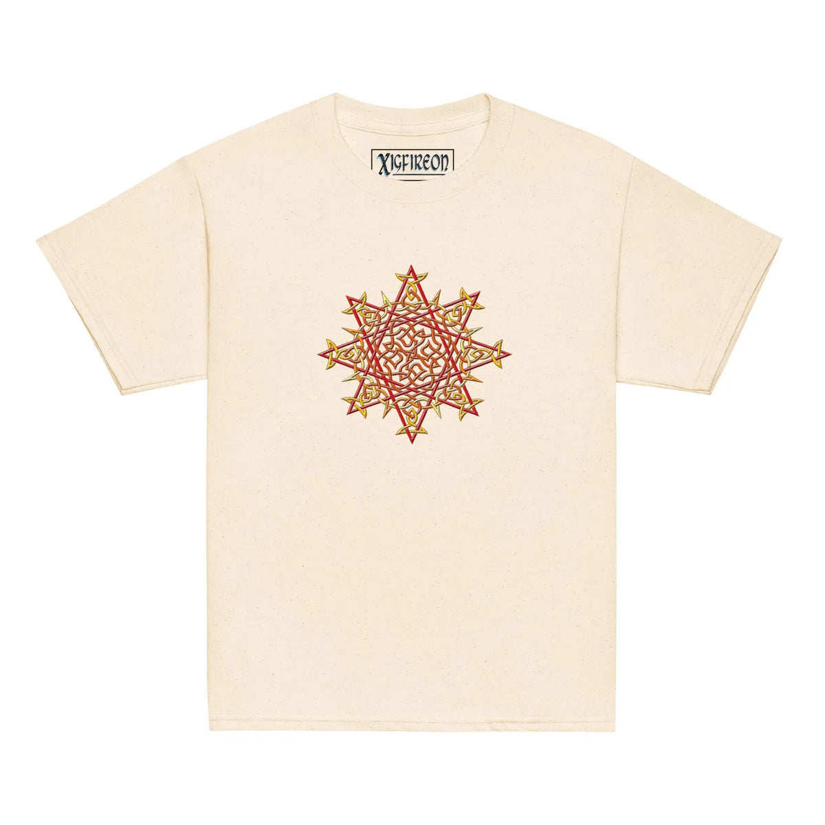 A natural Xigfireon kids graphic t-shirt featuring the Fire Colour iteration of the Morning Star Fire Celtic knot design. The Morning Star Fire Celtic knot symbolizes Father Sun and the eternal Cosmic Light.