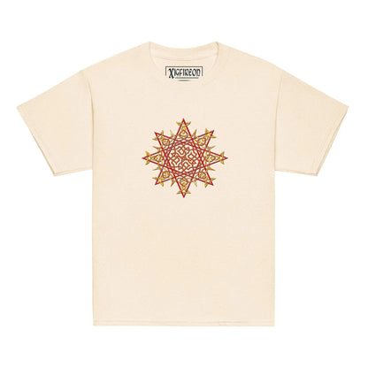 A natural Xigfireon kids graphic t-shirt featuring the Fire Colour iteration of the Morning Star Fire Celtic knot design. The Morning Star Fire Celtic knot symbolizes Father Sun and the eternal Cosmic Light.