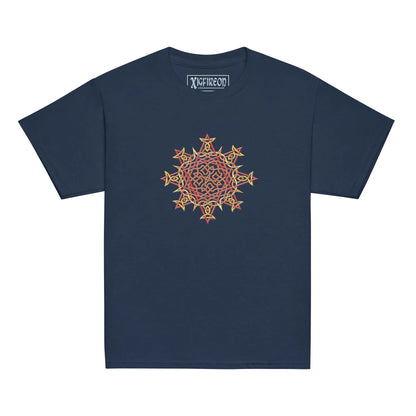 A navy blue Xigfireon kids graphic t-shirt featuring the Fire Colour iteration of the Morning Star Fire Celtic knot design. The Morning Star Fire Celtic knot symbolizes Father Sun and the eternal Cosmic Light.