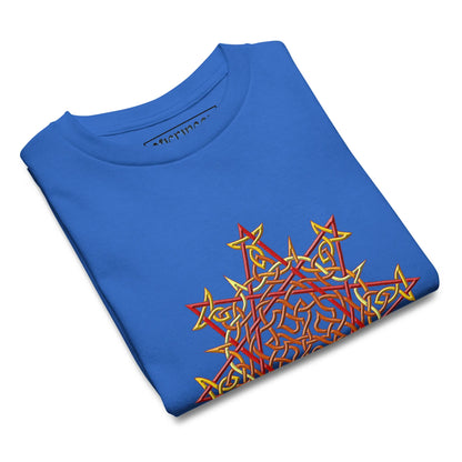 A folded royal blue Xigfireon kids graphic t-shirt featuring the Fire Colour iteration of the Morning Star Fire Celtic knot design. The Morning Star Fire Celtic knot symbolizes Father Sun and the eternal Cosmic Light.