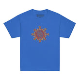 A royal blue Xigfireon kids graphic t-shirt featuring the Fire Colour iteration of the `Morning Star Fire` Celtic knot design. The `Morning Star Fire` Celtic knot symbolizes Father Sun and the eternal Cosmic Light.