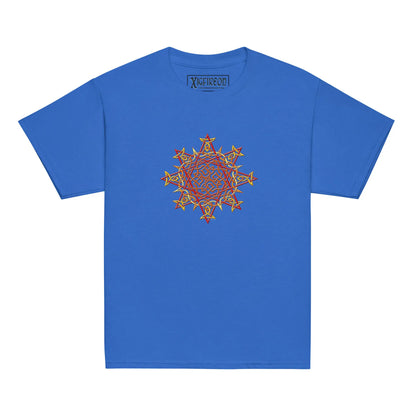 A royal blue Xigfireon kids graphic t-shirt featuring the Fire Colour iteration of the Morning Star Fire Celtic knot design. The Morning Star Fire Celtic knot symbolizes Father Sun and the eternal Cosmic Light.