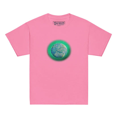 An azalea pink Xigfireon kids graphic t-shirt featuring the Deep Forest iteration of the Reach Of The Spirit Celtic knot design. The Reach Of The Spirit Celtic knot symbolizes Mother Earth.