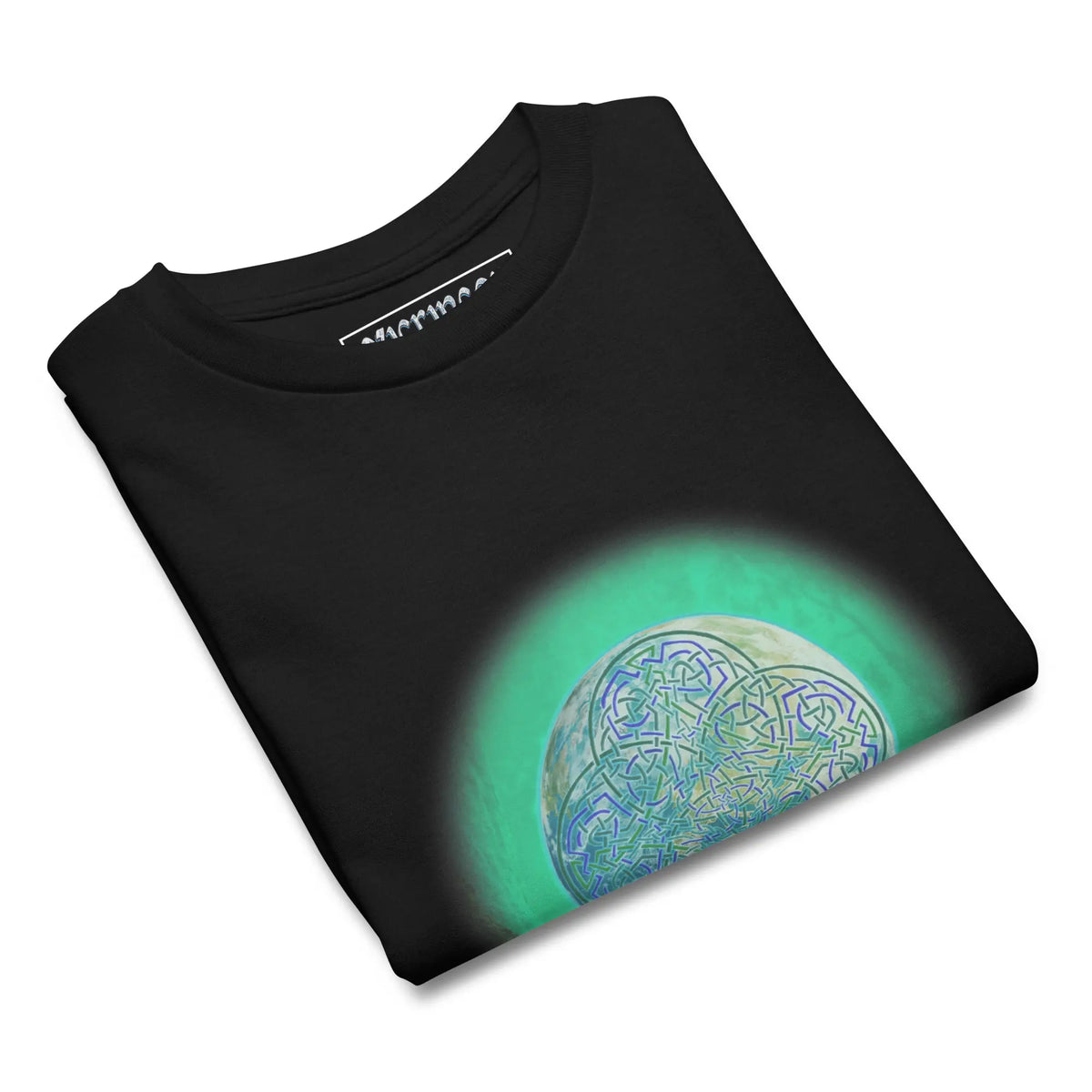 A folded black Xigfireon kids graphic t-shirt featuring the Deep Forest iteration of the Reach Of The Spirit Celtic knot design. The Reach Of The Spirit Celtic knot symbolizes Mother Earth.