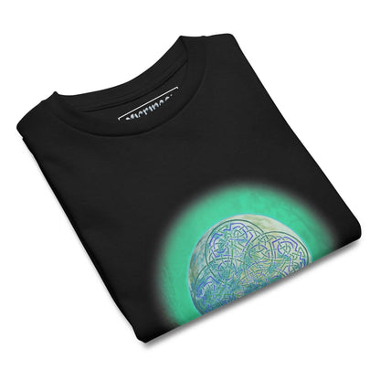 A folded black Xigfireon kids graphic t-shirt featuring the Deep Forest iteration of the Reach Of The Spirit Celtic knot design. The Reach Of The Spirit Celtic knot symbolizes Mother Earth.