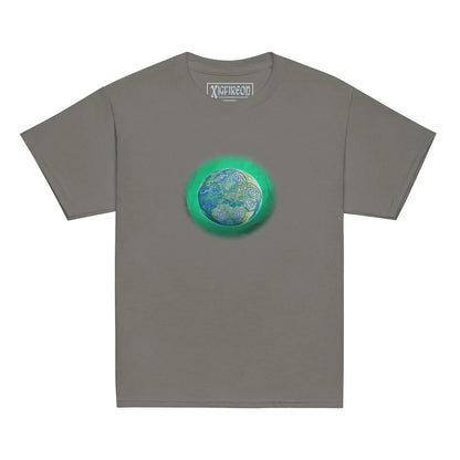 A charcoal grey Xigfireon kids graphic t-shirt featuring the Deep Forest iteration of the Reach Of The Spirit Celtic knot design. The Reach Of The Spirit Celtic knot symbolizes Mother Earth.