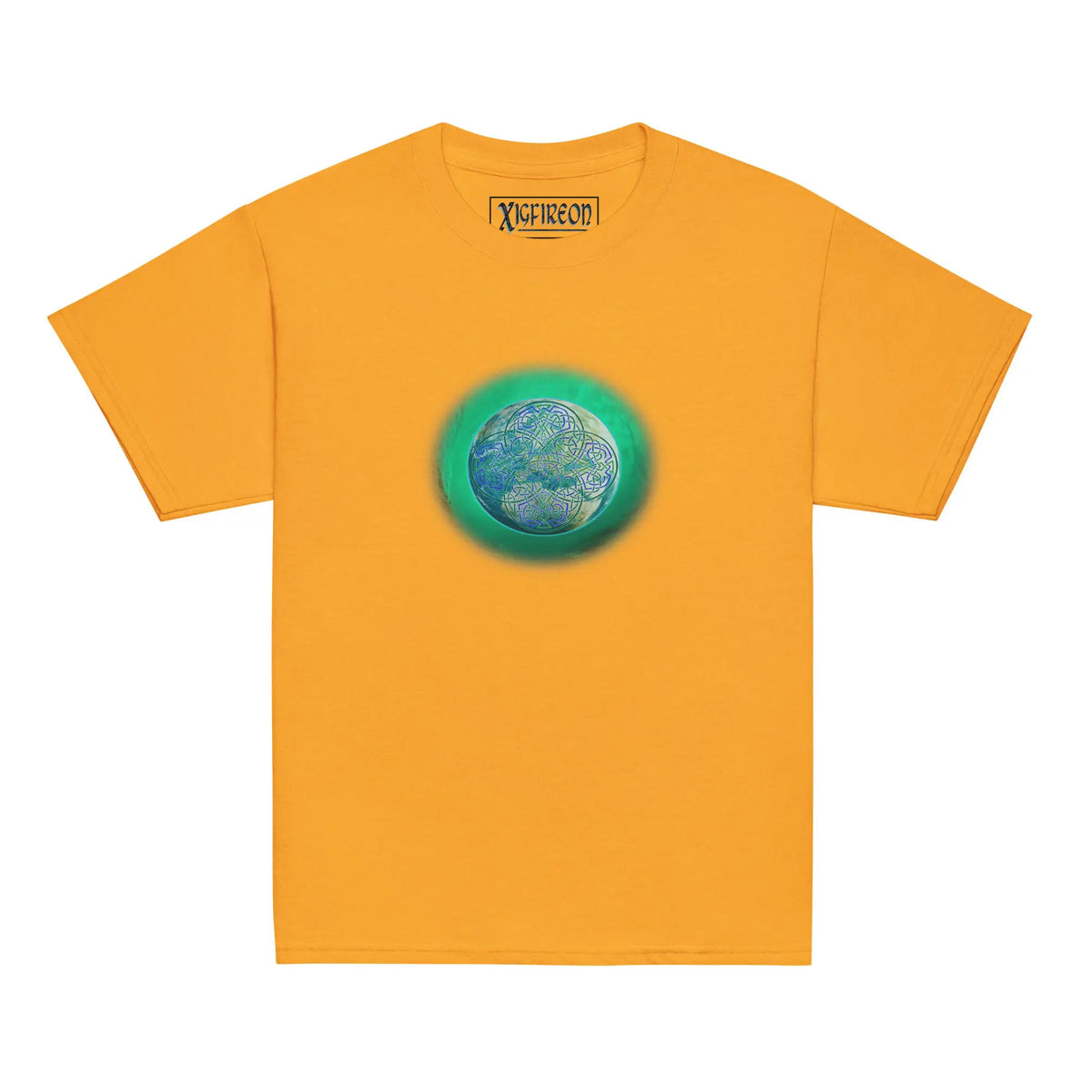 A gold Xigfireon kids graphic t-shirt featuring the Deep Forest iteration of the Reach Of The Spirit Celtic knot design. The Reach Of The Spirit Celtic knot symbolizes Mother Earth.