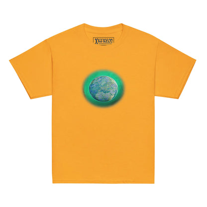 A gold Xigfireon kids graphic t-shirt featuring the Deep Forest iteration of the Reach Of The Spirit Celtic knot design. The Reach Of The Spirit Celtic knot symbolizes Mother Earth.