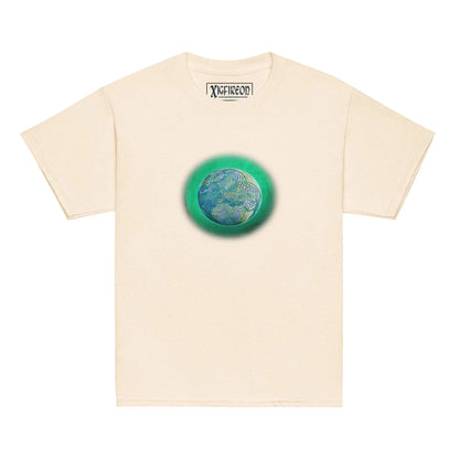 A natural Xigfireon kids graphic t-shirt featuring the Deep Forest iteration of the Reach Of The Spirit Celtic knot design. The Reach Of The Spirit Celtic knot symbolizes Mother Earth.