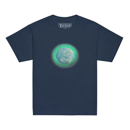 A navy blue Xigfireon kids graphic t-shirt featuring the Deep Forest iteration of the Reach Of The Spirit Celtic knot design. The Reach Of The Spirit Celtic knot symbolizes Mother Earth.