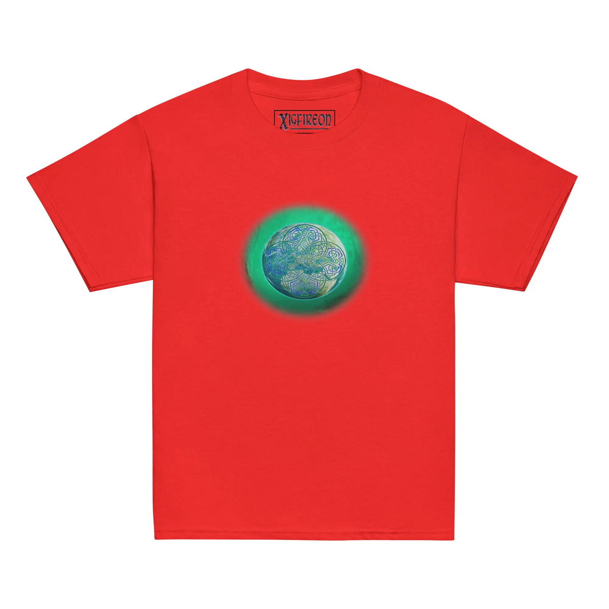 A red Xigfireon kids graphic t-shirt featuring the Deep Forest iteration of the Reach Of The Spirit Celtic knot design. The Reach Of The Spirit Celtic knot symbolizes Mother Earth.