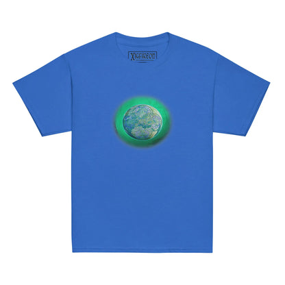 A royal blue Xigfireon kids graphic t-shirt featuring the Deep Forest iteration of the Reach Of The Spirit Celtic knot design. The Reach Of The Spirit Celtic knot symbolizes Mother Earth.