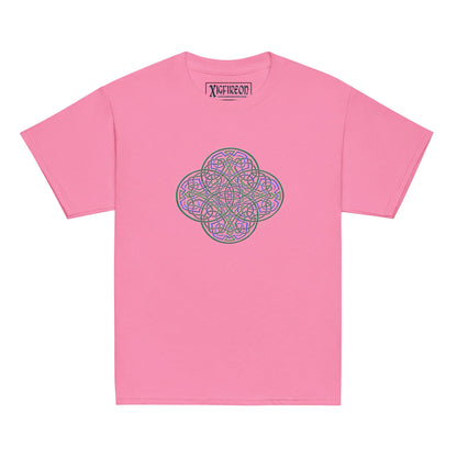 An azalea pink Xigfireon kids graphic t-shirt featuring the Living Colour iteration of the Reach Of The Spirit Celtic knot design. The Reach Of The Spirit Celtic knot symbolizes Mother Earth.