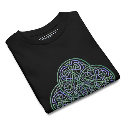 A folded black Xigfireon kids graphic t-shirt featuring the Living Colour iteration of the Reach Of The Spirit Celtic knot design. The Reach Of The Spirit Celtic knot symbolizes Mother Earth.