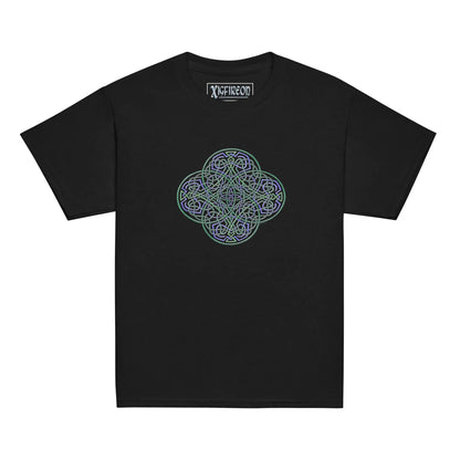 A black Xigfireon kids graphic t-shirt featuring the Living Colour iteration of the Reach Of The Spirit Celtic knot design. The Reach Of The Spirit Celtic knot symbolizes Mother Earth.