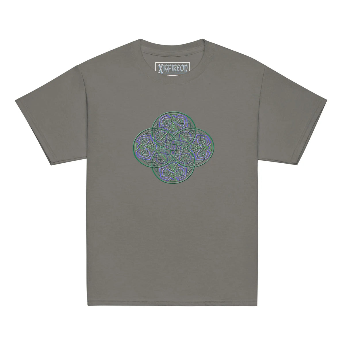 A charcoal grey Xigfireon kids graphic t-shirt featuring the Living Colour iteration of the Reach Of The Spirit Celtic knot design. The Reach Of The Spirit Celtic knot symbolizes Mother Earth.
