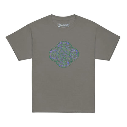 A charcoal grey Xigfireon kids graphic t-shirt featuring the Living Colour iteration of the Reach Of The Spirit Celtic knot design. The Reach Of The Spirit Celtic knot symbolizes Mother Earth.